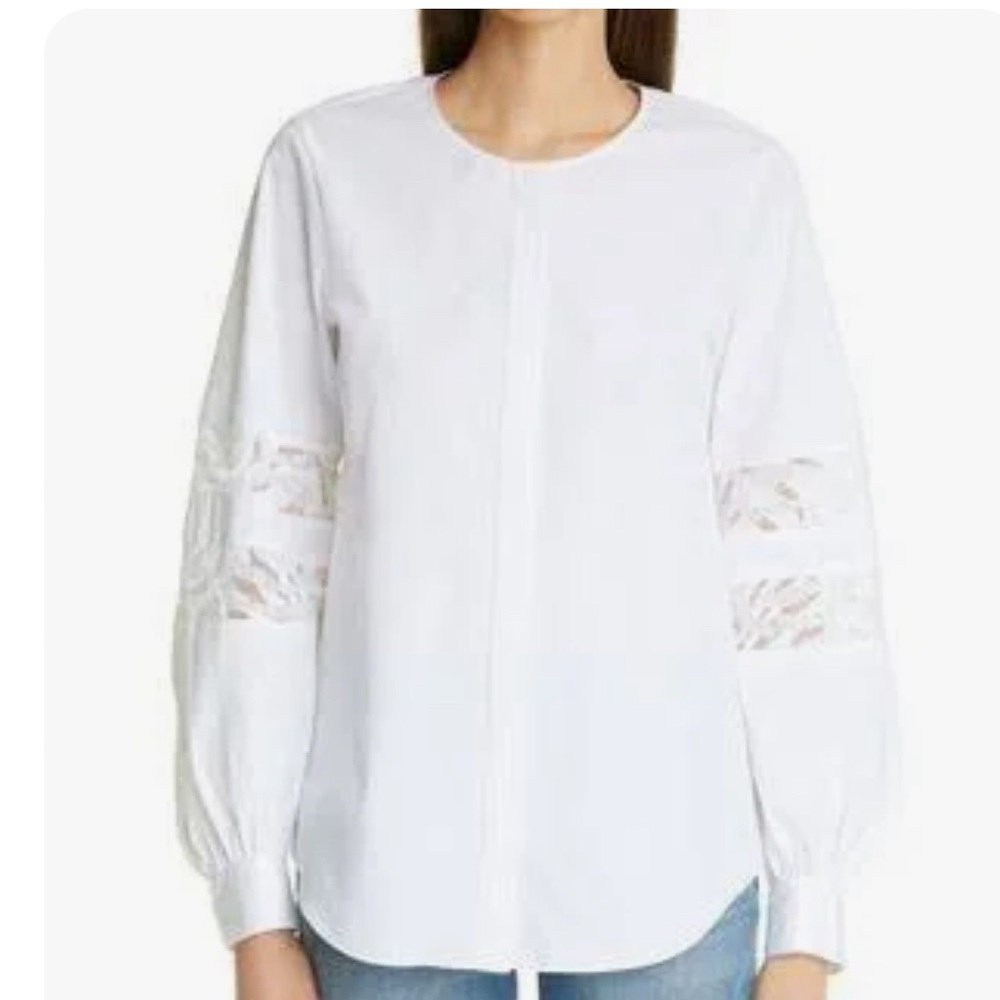EUC Lafayette148 Austin Collarless, Button up, Kind Cotton Top in Large White